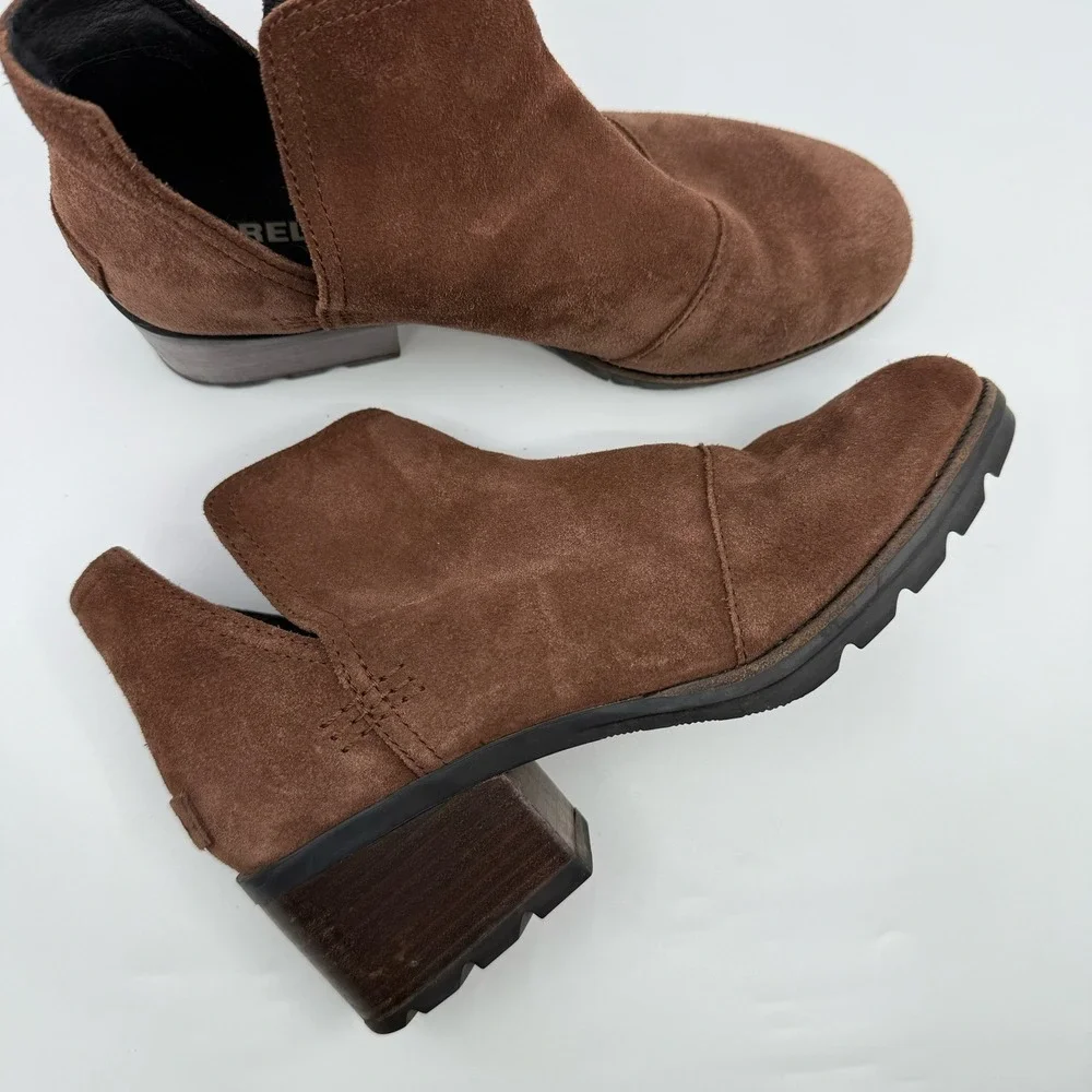 Sorel Cate Waterproof Suede Cutout Block Heel Ankle Boots‎ Burro 7.5